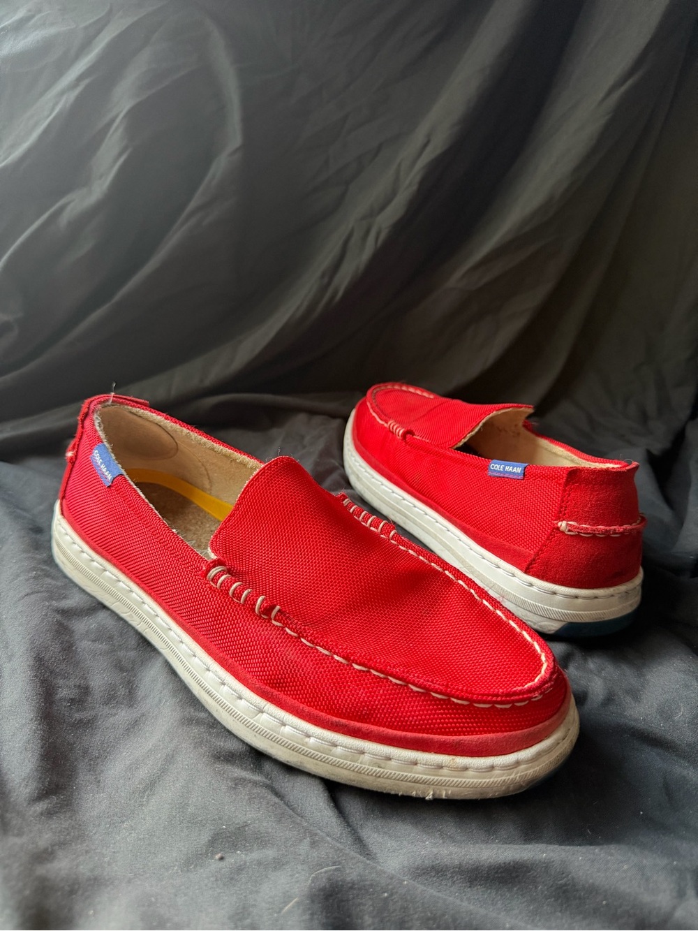 Cole Haan Men’s Red Canvas Slip-On Loafers with White Sole
